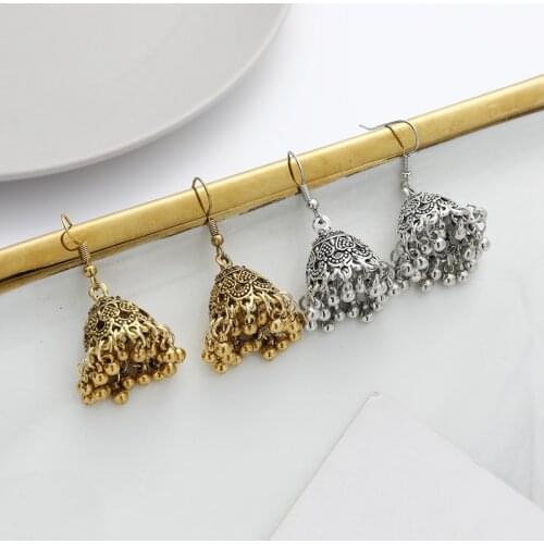 2020 Womens Indian Jhumka Jewelry Ethnic Retro Bollywood Oxidized Small Bell Tassel Silver Color Carved Jhumki Dangle Earrings