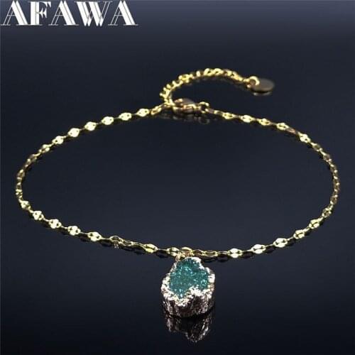 AFAWA Green Natural Stone Stainless Steel Anklet Chain for Women Gold Color Anklet Bracelet Jewelry pulseras para el pie AG43S04