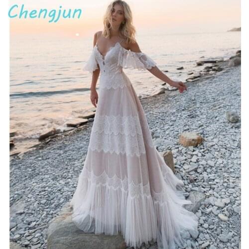Chengjun Sexy V Neck Lace Boho Wedding Dress Backless Ivory Pink Beach Wedding Gowns