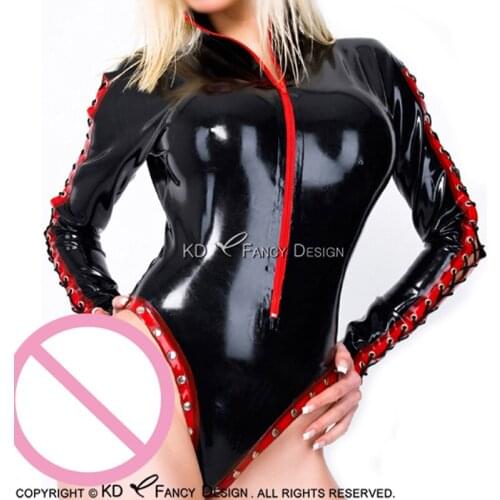 Black With Red Trim Sexy Latex Swimsuit High Cut Leg With Front Zip Lacing On Sleeves Rubber Body Suit Catsuit Bodysuit LTY-0076