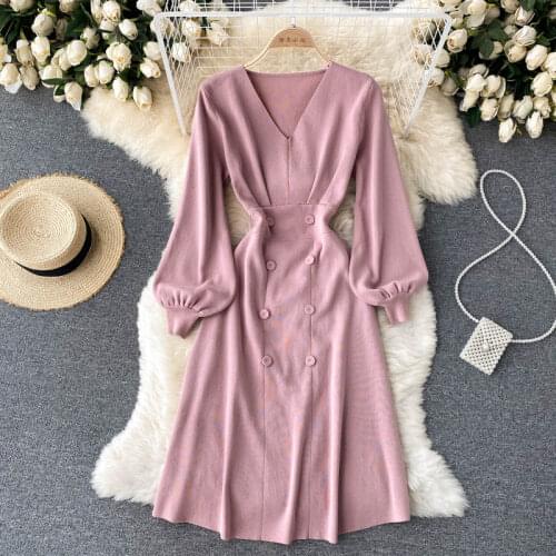 Croysier Autumn Winter Dress Women Clothing 2021 Long Sleeve V Neck Button Knee Length Midi Dress Elegant Office Knitted Dress