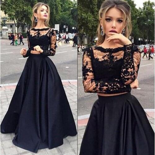 Cheap Simple Black Satin Two Pieces Prom Dresses With Lace Long Sleeves A Line Sexy Scoop Neck Evening Party Gowns For Wedding