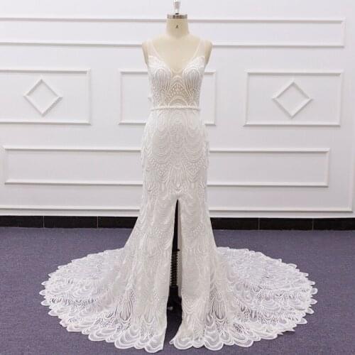 Eslieb Design Wedding Dresses Full Lace Robe de Mariee Custom Made Beading Belt Zipper V Neck Split Transparent Bodice SJ263