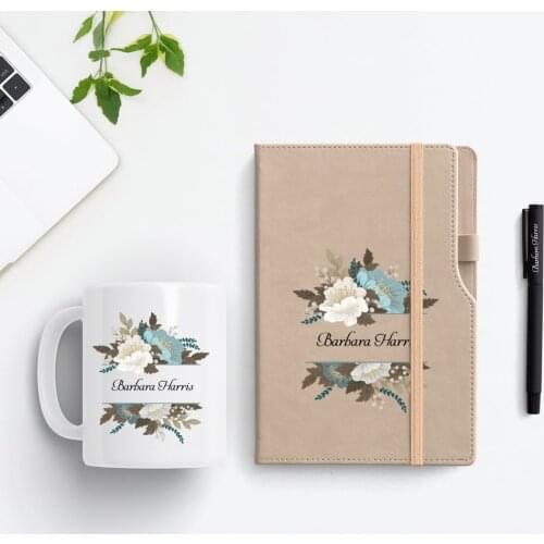 Customize L Model Premium Notebook & Roller Pen & Mug Set, Glossy Faux Leather Hardcover, A5 Lined 224 pages, Assorted 6 Colors