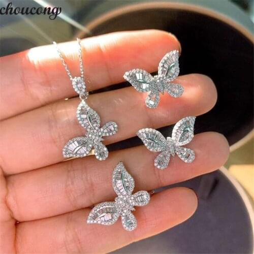 Butterfly Ring Necklace Earring Jewelry set 925 Sterling Silver AAAAA cz Party Wedding Rings Pendants Earrings for women jewelry