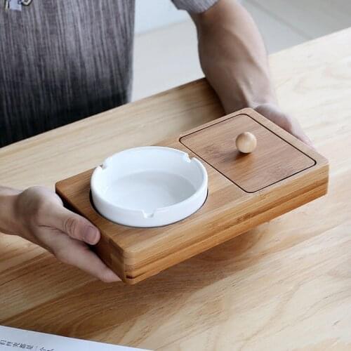 Best Ashtray Home Bamboo Bottom Tray Ceramic Small Box with Storage Space Cigarette Ashtray (22 x 12cm) Wood Color CL19030516