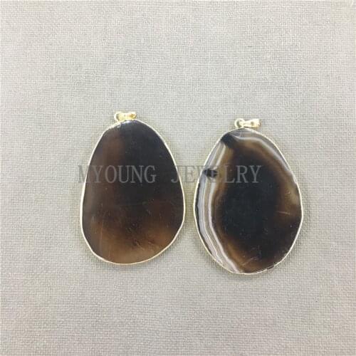MY0641 Big Oval Shape Agates Slab Slice Pendant,Brown Onyx Flat Pendant With Gold Color Edge and Bail