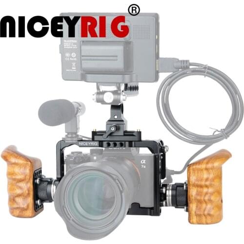 NICEYRIG for Sony A7RIII/ A7MIII/ A7RII/ A7SII/ A7III/ A7II Camera Cage Kit with Wooden Handle Grip HDMI Cable Clamp ARRI Mount