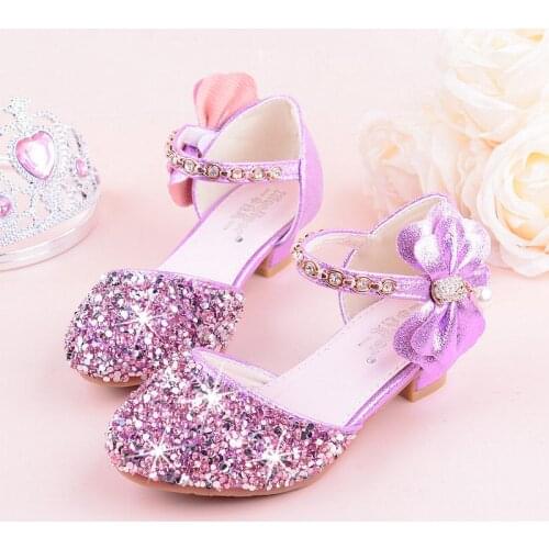 2019 Girls Bow-knot Princess Shoes with High-Heeled, Kids Glitter Dance Performance Summer Shoes, Purple , Pink & Silver 26-38