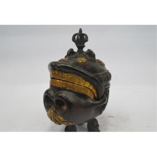 Tibet Buddhism classic Bronze Gild Skull deaths-head incense Burner Censer
