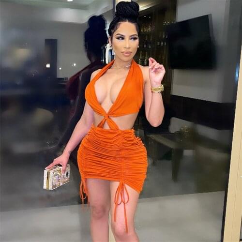 WJFZQM Sexy Ruched Dress for Women Halter Mini Club Party Dress Bodycon Backless Hollow Out Bandage Pleated Dress 2021 Summer