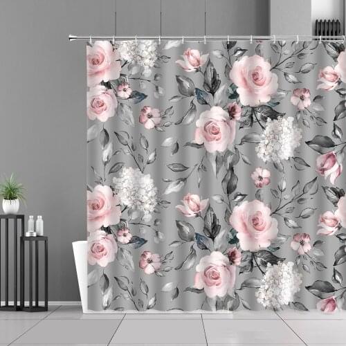 Pink Rose Flowers Grey Shower Curtain Spring Floral Plants Print Cloth Curtains European Home Bathroom Decor Waterproof Fabric