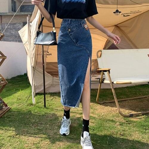 2021 Spring Summer Irregular Womens Midi Denim Skirts Casual High Waist Pockets Split Female Package Hip Jeans Skirts
