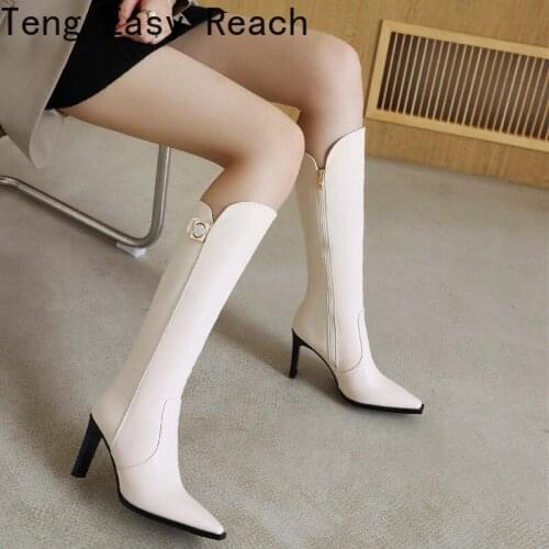 Autumn Women Boots Square Toe Knee High Boots Fashion High Heel Long Boots Zipper Winter Plush Shoes Ladies 2021 White Black 39