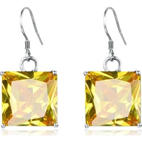 Szjinao Silver Earrings For Women Real 925 Sterling Silver Delicate Yellow Crystals Fine Jewelry Handmade Square Gemstone New
