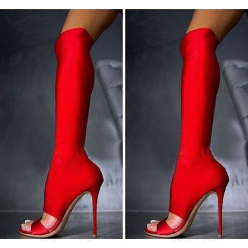 2017 Peep Toe knee high gladiator sandals Women high stretch fabric Women Pumps High Heels Summer Style Long Boots shoes woman