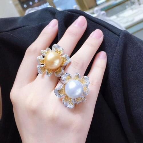 D127 Fine Jewelry 925 Sterling Silver Natural Fresh Water 12-13mm Golden White Pearls Rings for Women Fine Pearls Rings