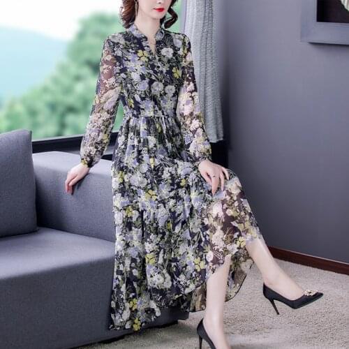 Women Elegant Floral Chiffon Beach Maxi Dress 2021 Spring Vintage Print Plus Size Midi Dress Long Sleeve Bodycon Party Vestidos