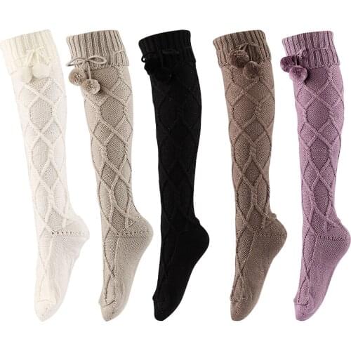 Women Girls Winter Braided Knit Thigh Long Warmers Crochet Stockings Warm Over Knee Thermal Boots Cuff Stockings Pompom Ball