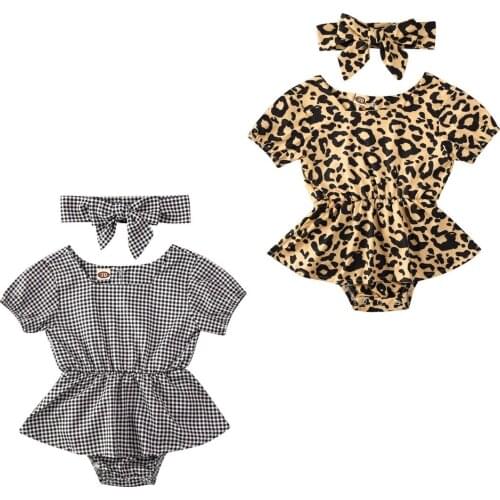 0-24M NEW Summer Baby Girls Romper Infant Leopard/Plaid Print Short Sleeve Cute Triangle Jumpsuits Headband 2pcs
