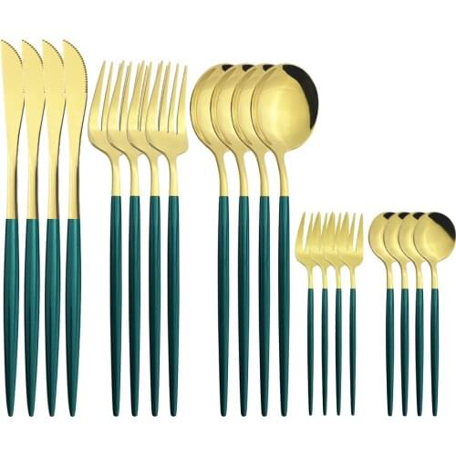 20Pcs/Set Green Gold Cutlery Set Knife Fruit Cake Fork Coffee Spoon Silverware Tableware Set Stainless Steel Dinnerware Flatware