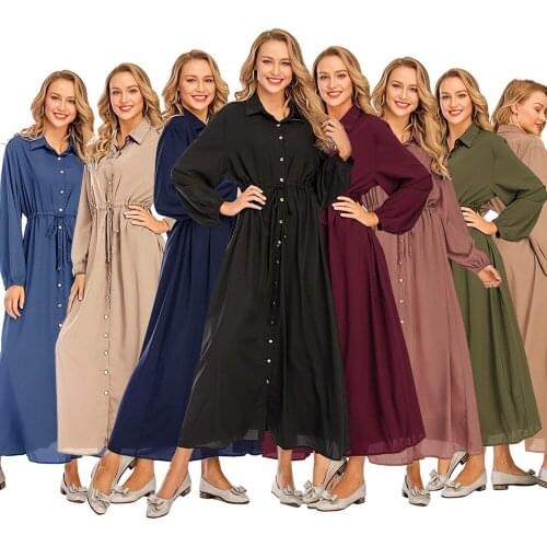 Abaya Dubai Muslim Women Maxi Short Dress Turkish Kaftan Buttons Robe Party Gown Jilbab Islamic Clothing Solid Color Long Caftan
