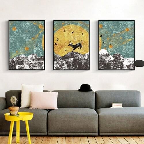 Abstract Oil Painting On Canvas Print and Posters Wall Art Deer and Sun Black Mountain Scenery Office Bedroom Home Decoration