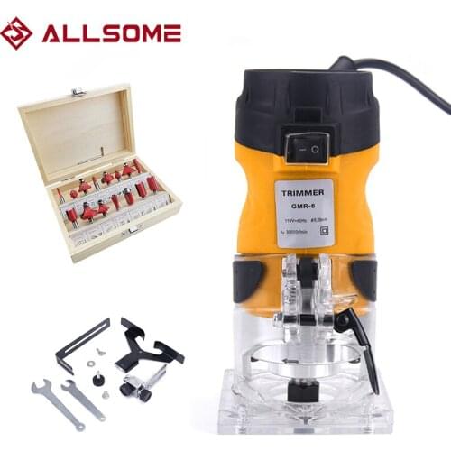 ALLSOME 2200W 6.35mm 1/4' Electric Hand Trimmer Router Wood Carving Machine Carpentry Woodworking Power Tools