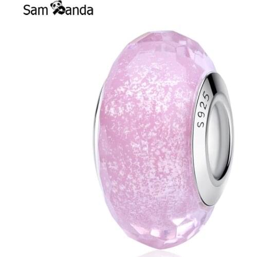 Authentic 925 Sterling Silver Pink Shimmer Iridescent Faceted Murano Glass Bead Charm Fit Bracelet Charms Jewelry