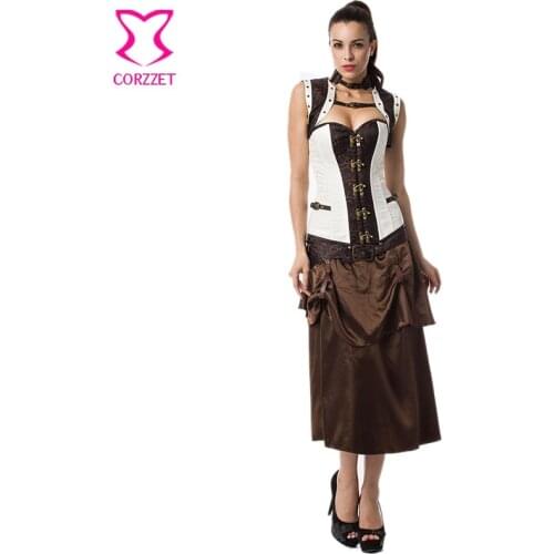 White/Brown Brocade Vintage Jacket Corset Skirt Set Burlesque Dress Steampunk Clothing Gothic Corsets and Bustiers Steel Boned