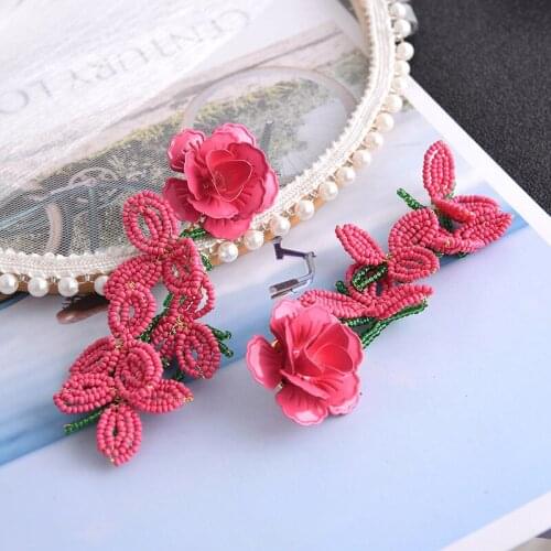 Handmade Pink Beads Big Flower Earrings 2020 Exaggerated Arcylic Resin Beading Leaves and Flowers Long Dangle Earrings for Women