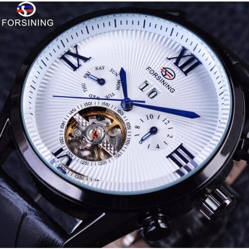 Forsining Classic Tourbillion Roman Number White Dial Calendar Genuine Leather Mens Watch Top Brand Luxury Automatic Watch Clock