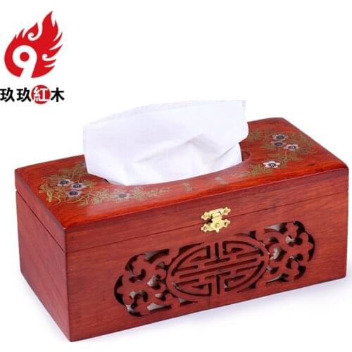 Chinese rosewood mahogany Tissue Box Creative napkin pumping tray storage box large living room hollow shell inlaid flower
