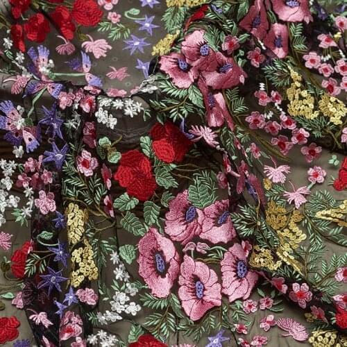 LASUI 1y high quality colorful Begonia flowers water soluble embroidery black mesh lace fabric DIY wedding dress fashion X0477
