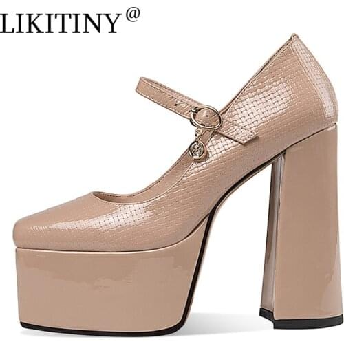 LIKITINY 2021 Spring Summer Chunky heels Genuine Leather Platform Nude Pumps Sexy Square Head Buckles strap shoes Womens shoes