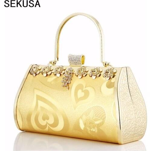 Metal golden clutches bridal handbags for bucket diamonds party dinner purse bags vintage heart printed evening bags