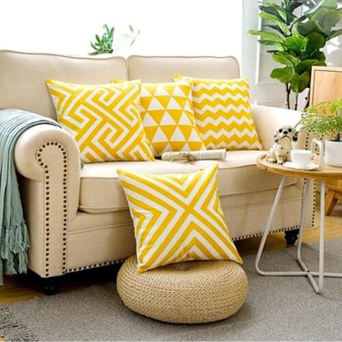 LOISHOM Home Decor Embroidered Cushion Cover Yellow Geometric Canvas Cotton Square Embroidery Pillow Cover 45x45cm Pillow Sham