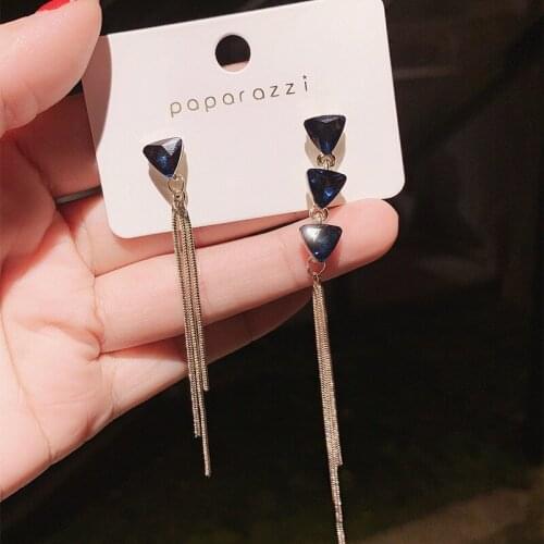 2020 New Trend Luxury Blue Crystal Tassel chain Long Drop Earrings For Women Jewelry Geometry Triangle Unusual Asymmetry Wedding