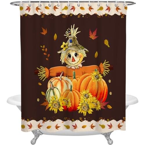 Autumn Pumpkin Maple Leaf Scarecrow Shower Curtain Waterproof Polyester Fabric Shower Curtains Home Decoration Curtain with Hook