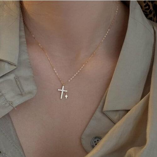 925 Sterling Silver Diamond Double Cross Pendants Necklace Choker Statement Necklace Women Gift Silver Fine Jewelry