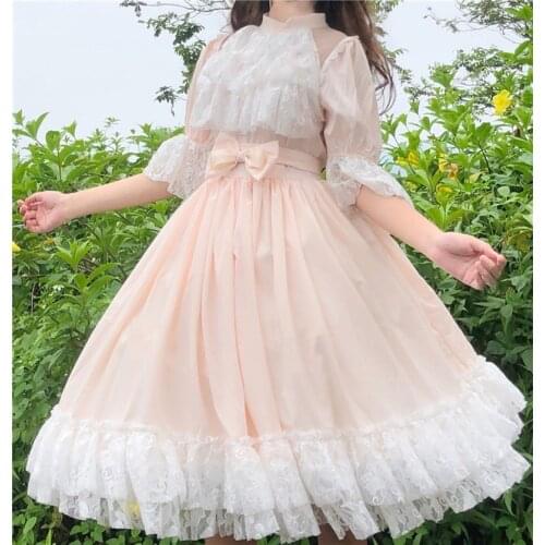 Japanese sweet Lolita round neck high waist bowknot lace dress female summer new fashion victorian dress kawaii girl gothic