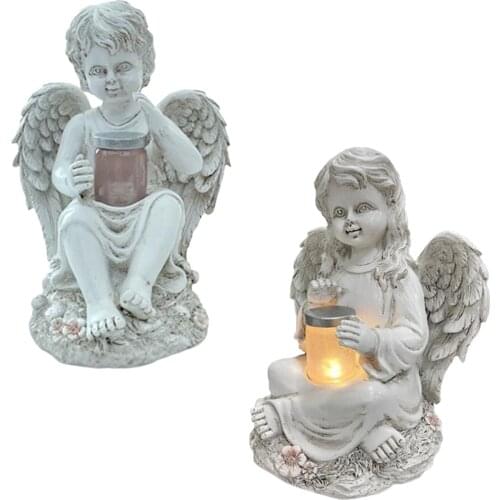 Solar Powered Resin Angle Statue Courtyard Figurines Decoration Garden Pastoral Luminous Figure Sculpture Ornamnet