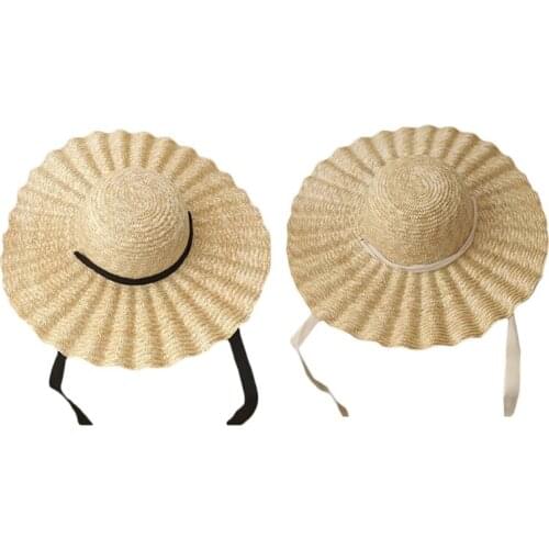 Wide Brim Straw Hat with Ribbon Summer Cap Wavy Pattern Sun Protection Outdoor Beach Sunhat