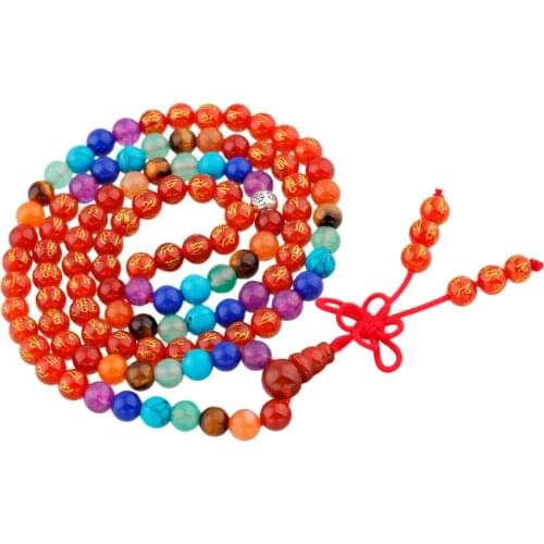 SUNYIK 7 Chakra 108 Carnelian Six True Word Mantra Buddhist Mala Prayer Beads Elastic Bracelet Necklace