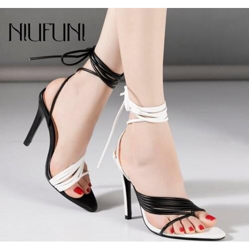 NIUFUNI Sexy Plus Size 35-42 Pointed Toe Women Sandals Clip Toe Ankle Strap Stiletto High Heels Casual Lace Up Shoes For Women