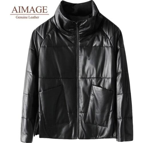 Winter women real leather white duck down long sleeve genuine leather outwear stand collar pockets warm женская куртка PY24