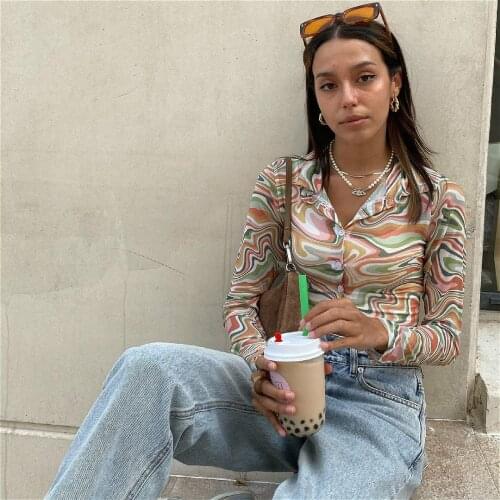 2021 New Tie-dye Print Mesh Sheer Sexy Shirts Women Long Sleeve Lapel Single-breasted Crop Tops Summer Autumn Blouse Female