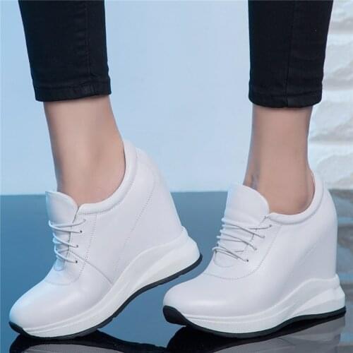 Lace Up Trainers Women Genuine Leather Wedges High Heel Platform Pumps Shoes Female Round Toe Fashion Sneakers 2020 Casual Shoes