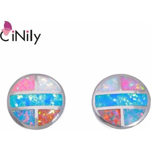 CiNily Created Multi-colors Fire Opal Silver Plated Wholesale Hot Sell for Women Wedding Stud Earrings 12mm OH4500