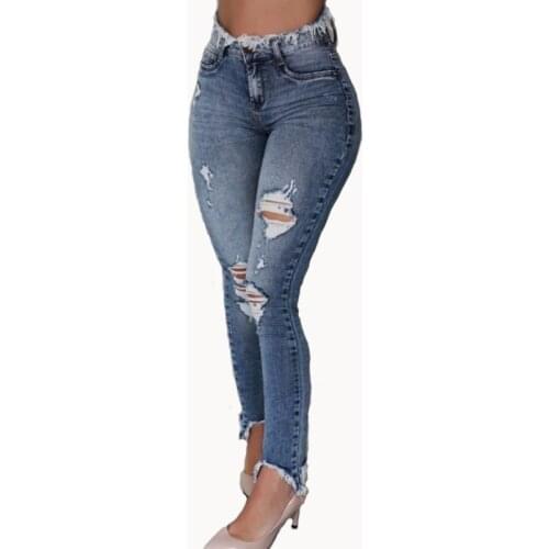 Sexy Hole Women Jeans Blue High Waist Stretch Skinny Ripped Streetwear Denim Trousers Lady Denim Pencil Pants 2021 Summer New